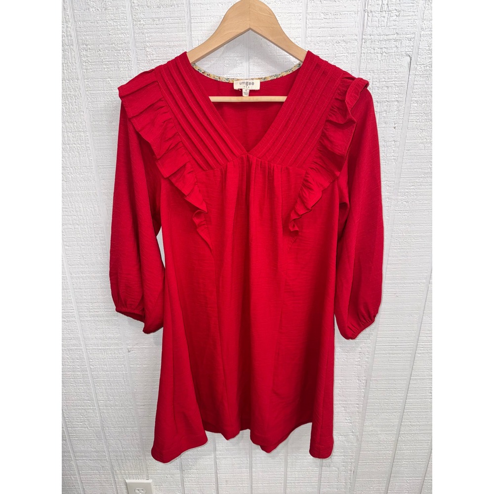 Umgee Mini Dress Womens Red Ruffle Pleated V-Neck Balloon Sleeve Size Small